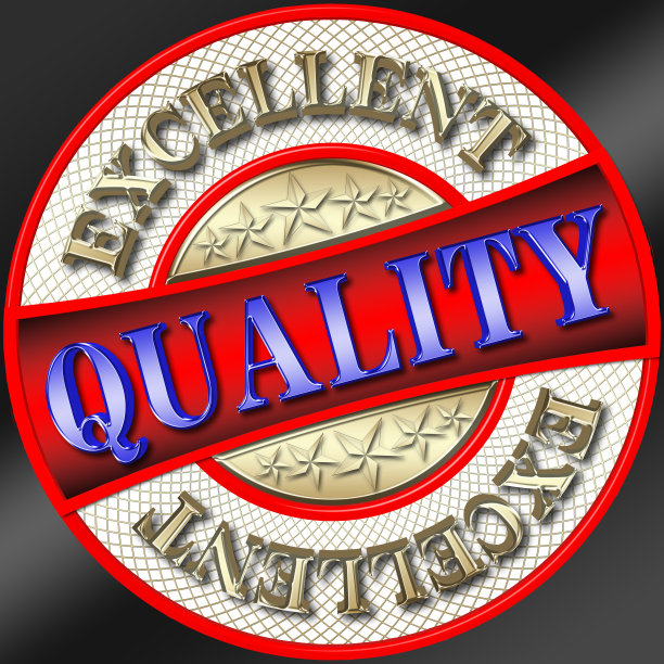 股票插图-金属红色标志:优秀的质量，GoldenText:优秀的金属蓝色文本:质量，3D插图，圆形，黑色背景图片下载