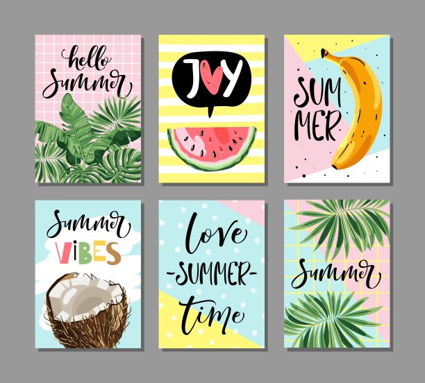 向量组明亮的夏季水果卡片，棕榈叶和手写的文字。图片下载