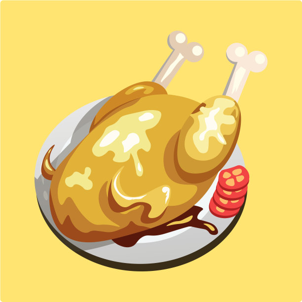 金黄色的烤鸡，配上番茄片。图片下载