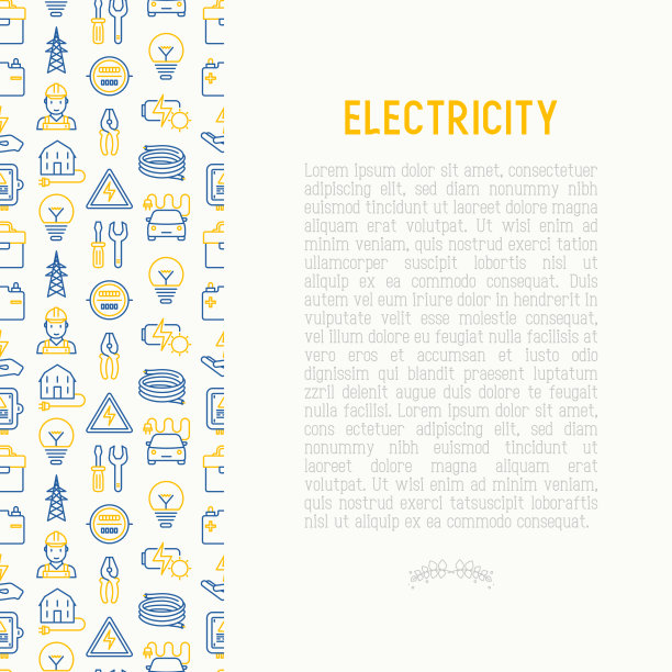 电学概念与细线图标:电工，灯泡，塔，工具箱，电缆，电动车，手，太阳能电池。矢量插图的旗帜，网页，印刷媒体。图片下载