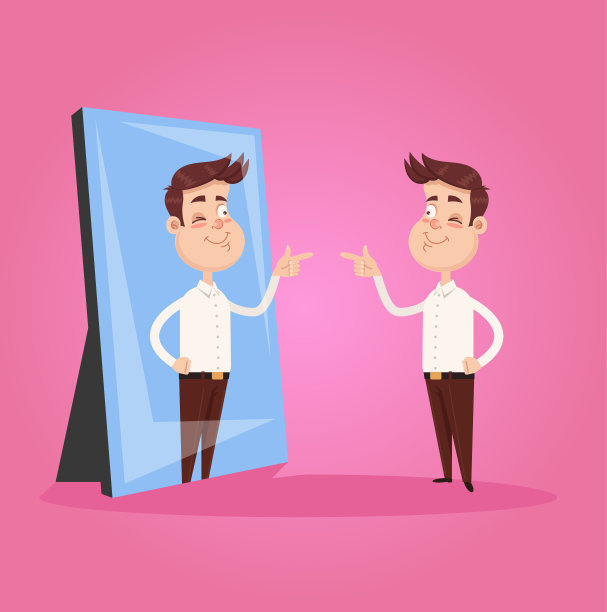 快乐微笑自恋自我中心的商人上班族性格看着镜子，指着镜子里的自己。自立振作动力理念。矢量平面设计孤立元素插图图片下载