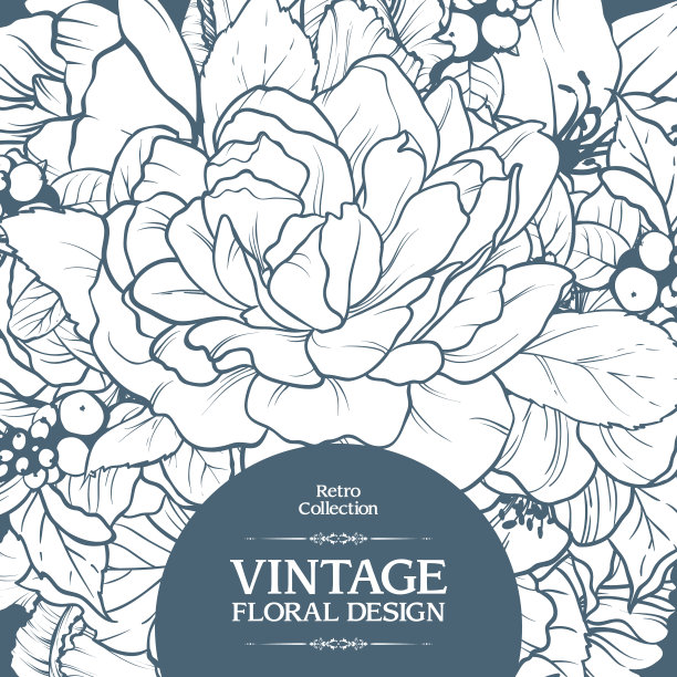 复古装饰框架花卉背景设计。模板卡片邀请横幅与美丽的鲜花。图片下载