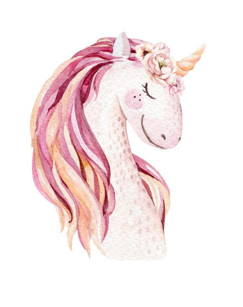 孤立可爱的水彩独角兽剪纸与花。托儿所独角兽插图。彩虹公主海报。时髦的粉红色卡通小马。图片下载