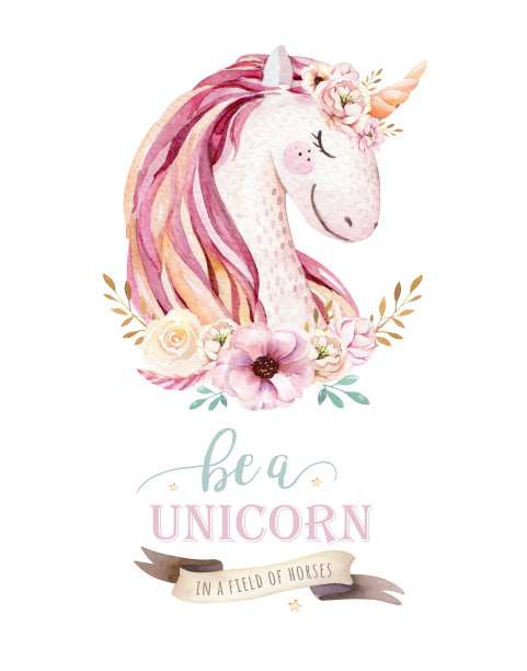 孤立可爱的水彩独角兽剪纸与花。托儿所独角兽插图。彩虹公主海报。时髦的粉红色卡通小马。图片下载