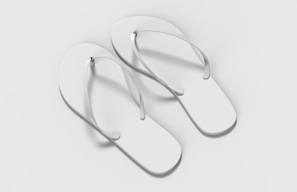 一双空白的白色沙滩妇女拖鞋，设计模型，剪裁路径，3d插图。Home plain flip flops模拟模板顶视图。清晰的浴凉鞋。图片下载
