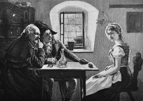 年轻微笑的女人与拿破仑军队的士兵在一个小酒馆交谈_ 1895图片下载