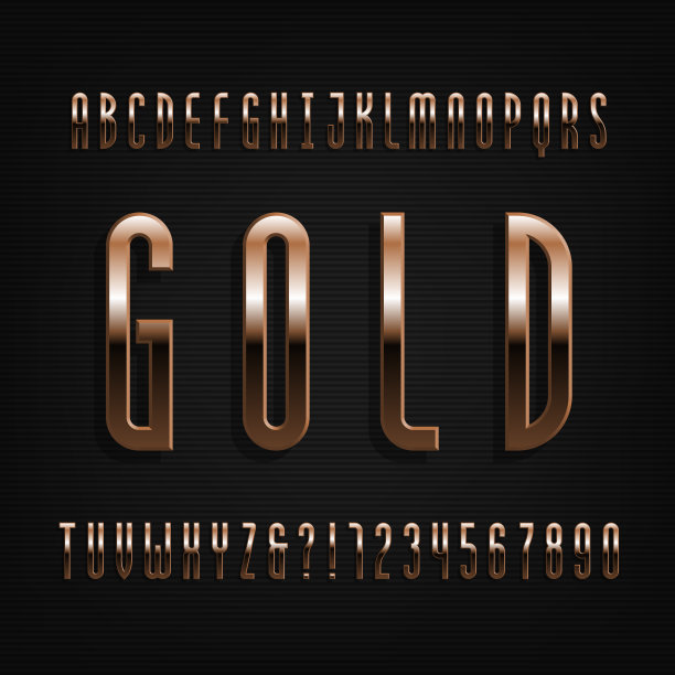 金色效果的字母字体。薄金属字母，数字和符号。图片下载