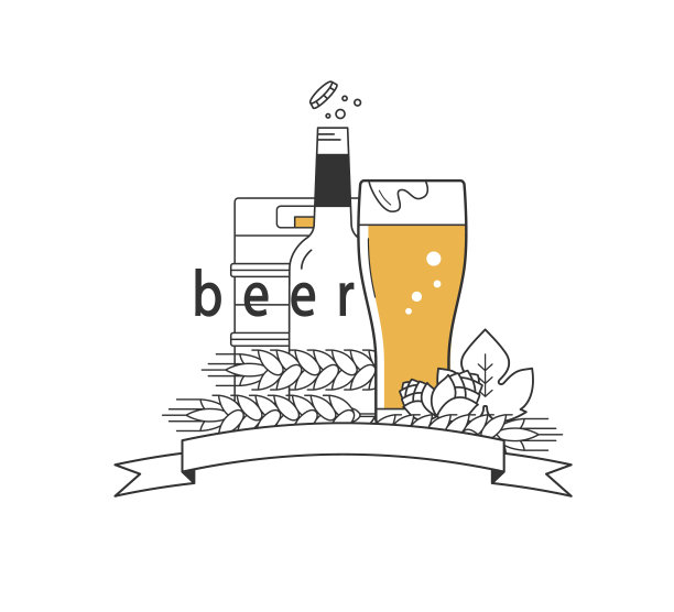 啤酒杯，酒桶和酒瓶，小麦和啤酒花。矢量插图在现代线性风格与丝带和文本的地方。图片下载