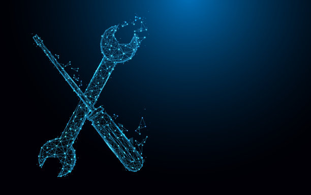 抽象调优工具和配置符号的线和三角形，点连接网络在蓝色背景。说明向量图片下载