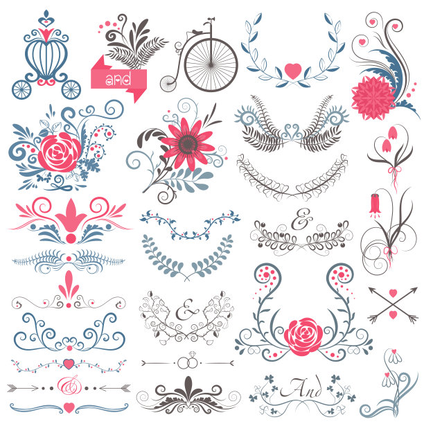 乡村手绘婚礼现代复古图形收集可爱的花，箭，鸟，马车，月桂，标签。素材图片