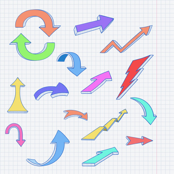 颜色的箭头。漫画涂鸦在横格纸背景图片下载