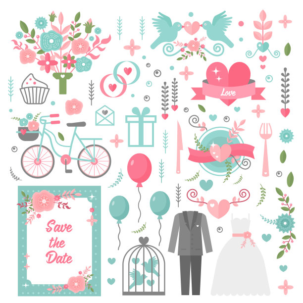 婚礼复古图形套装，礼服，箭头和心，月桂，花环，丝带和标签。集矢量元素为婚礼设计的请帖、菜单。图片下载