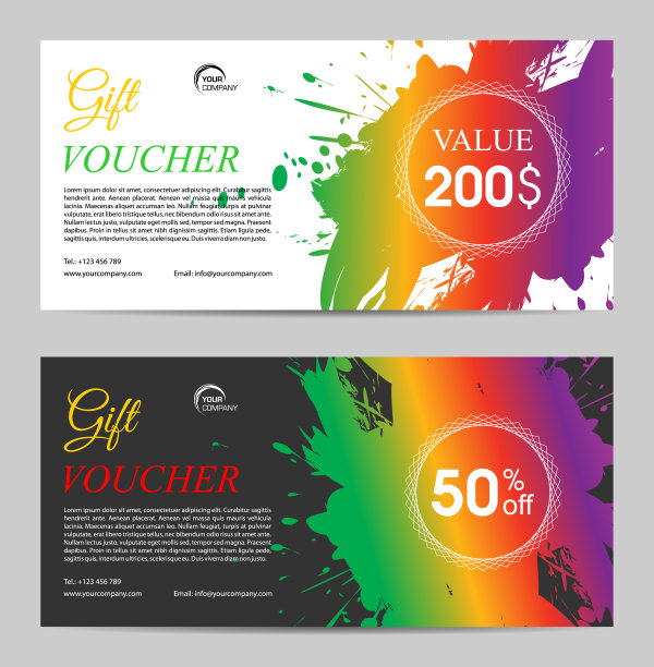 两个礼品券矢量模板与彩色飞溅图片下载