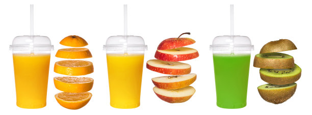 新鲜橙汁，苹果汁，猕猴桃汁装在透明的玻璃管中图片下载