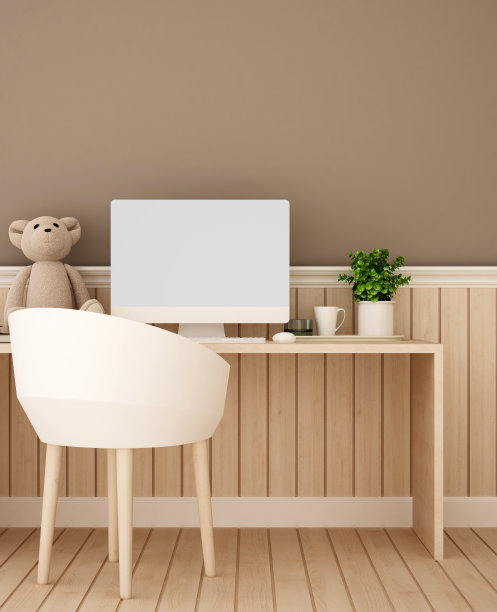 书房或工作场所和卧室的棕色墙壁装饰-家庭或公寓儿童房的学习区域- 3D渲染图片下载