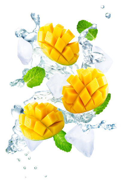 飞行芒果片，冰和薄荷叶图片下载