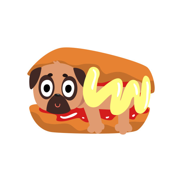 可爱有趣的哈巴狗性格内热狗与芥末向量插图上的白色背景图片下载