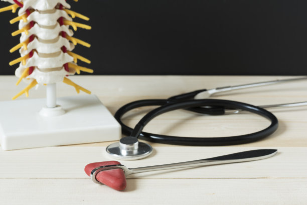 木桌上的反射锤、听诊器和脊柱模型图片下载