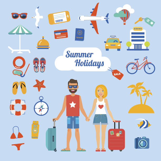 一套平坦的图标夏季假期与旅游夫妇图片下载