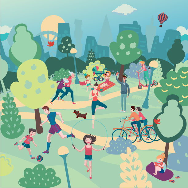 家庭度假，享受大自然。鸟瞰城市公园与人。夏季运动休闲全景景观素材图片