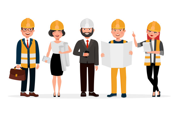 工程师把卡通人物孤立在白色背景上。技术人员组，建筑商，机械师和工作人员矢量平面插图。图片下载