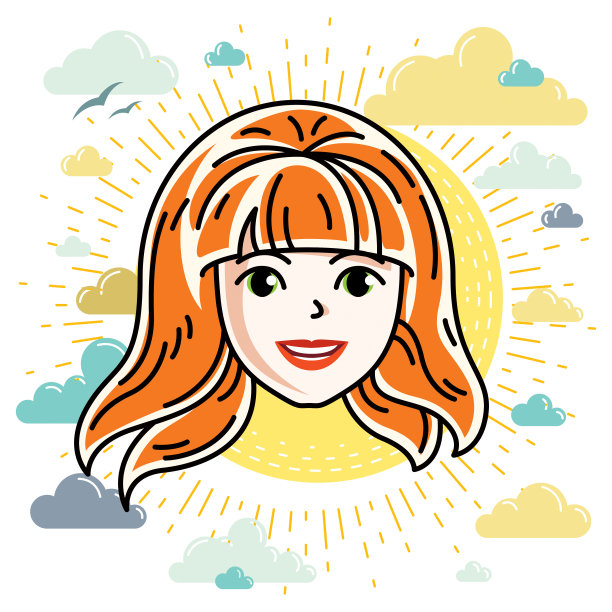 白种人女性面部表情表达积极情绪，矢量人头插画。迷人的红发女性与时尚的发型。图片下载