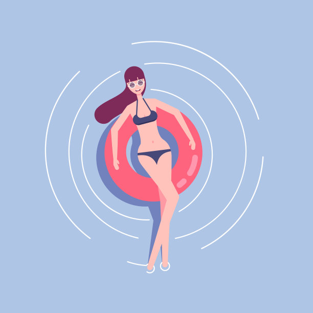 年轻的女人在泳衣和太阳眼镜放松在一个橡胶圈在大海或游泳池矢量平面插图。那个女孩在暑假里戴着游泳环游泳图片下载