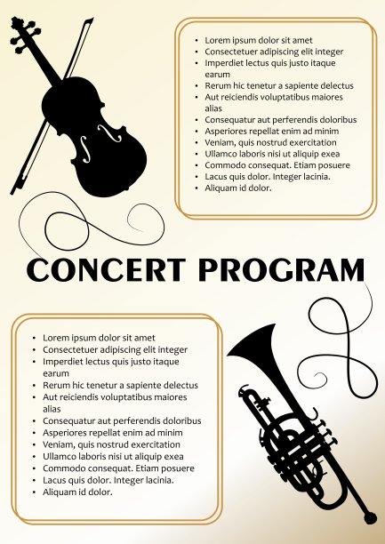 音乐会节目模板与小提琴和小号剪影，文本框架，米色背景在旧纸风格图片下载