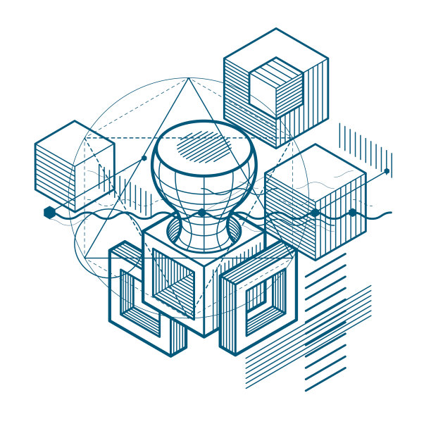 抽象背景与等距元素，矢量线性艺术与线和形状。立方体，六边形，正方形，矩形和不同的抽象元素。图片下载