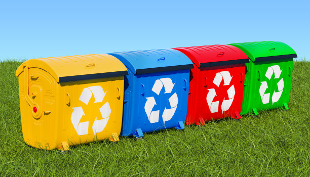 垃圾容器在绿草映衬下的蓝天，3d渲染素材图片