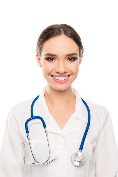 快乐微笑的女医生与听诊器的肖像图片下载