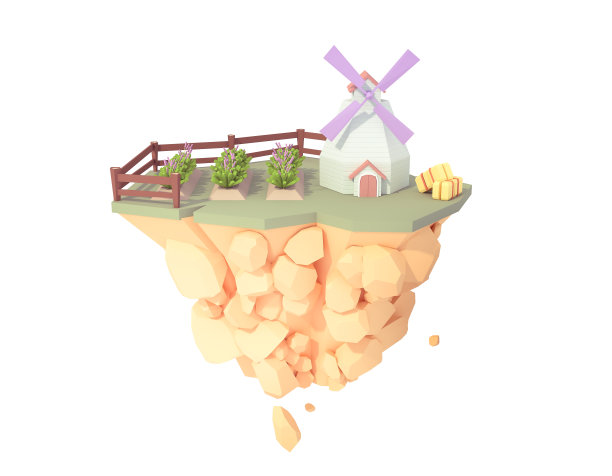 薰衣草田农场种植园和风车低多边形风格的3d插图。种植花卉花园孤立的浮岛。图片下载