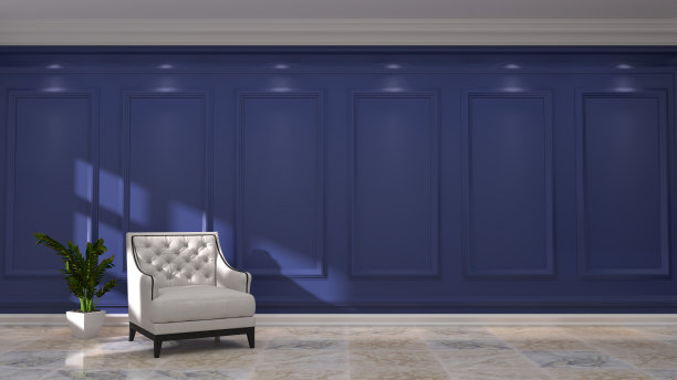 豪华，室内，客厅白色扶手椅，家具前空白墙三维渲染家居设计图片下载