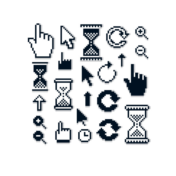 以像素艺术风格制作的向量复古光标标志集。简单箭头指向不同的方向。几何像素符号，如指针和沙漏。图片下载