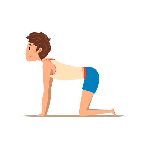 男孩在牛瑜伽姿势，Bitilasana，背部疼痛的康复锻炼和改善姿态矢量插图在白色的背景图片下载