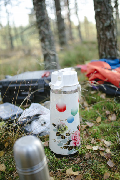 彩色的温水瓶在绿色的秋天的森林图片下载