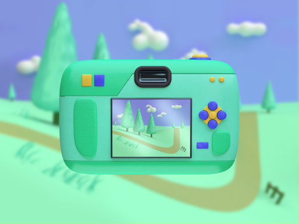 3d背面相机卡通风格展示展示照片自然景观3d渲染，旅游自然概念图片下载
