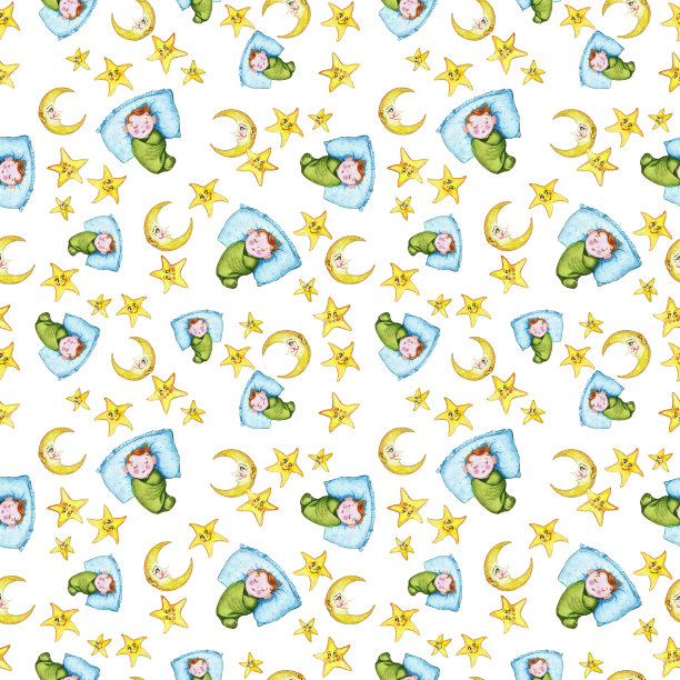 水彩无缝图案上的一个儿童插画的主题和一个小孩子的晚安，围绕着黄色的星星，微笑的月，月亮，柔软的毛绒玩具，一个兔子和一个熊，为甜蜜的梦在一个粉红色的背景图片下载