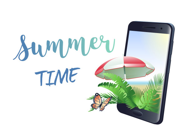 夏日概念与智能手机，热带树叶，沙滩伞和蝴蝶。图片下载