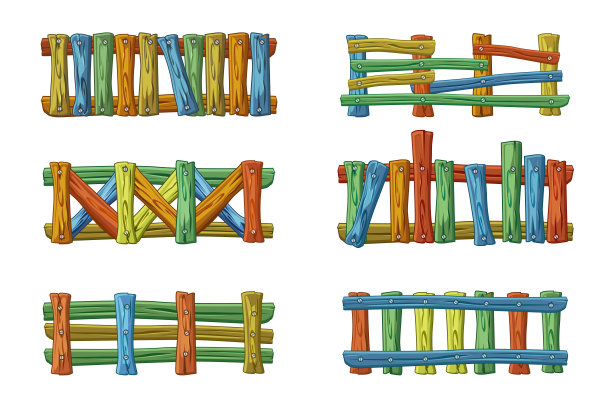 不同类型和颜色的木栅栏，卡通设置的资产图片下载