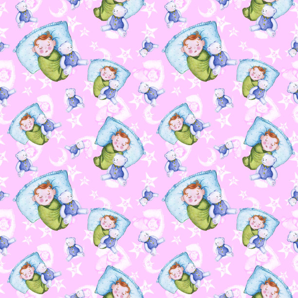水彩无缝图案上的一个儿童插画的主题和一个小孩子的晚安，围绕着黄色的星星，微笑的月，月亮，柔软的毛绒玩具，一个兔子和一个熊，为甜蜜的梦在一个粉红色的背景图片下载