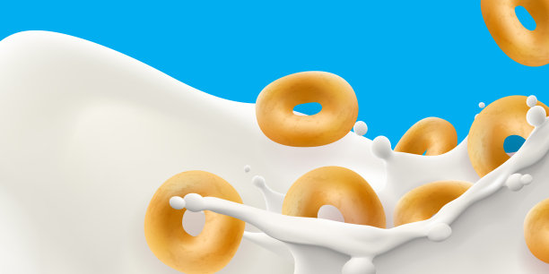 玉米环在大牛奶喷溅广告传单矢量插图。高质量的艺术为谷物产品广告宣传册，海报或标签设计图片下载