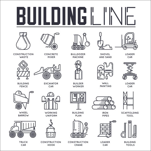 细线建设者做劳动工作和工作与重型车辆的概念。建筑工地平面工人大纲矢量设计图图片下载