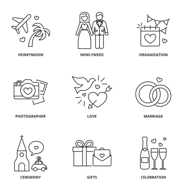 婚礼图标集:蜜月，新婚夫妇，组织，摄影师，爱，结婚，仪式，礼物，庆祝图片下载