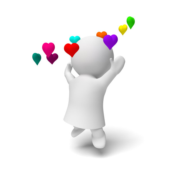 白色3d人穿着长袍在一圈彩色的心快乐地跳(3d插图孤立在白色背景上)图片下载