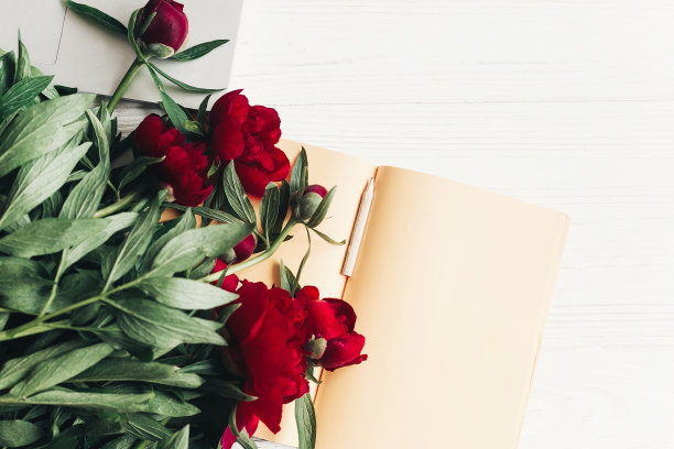 自由的概念。时尚笔记本电脑与笔记本和美丽的红色牡丹在白色的木制背景平躺。空间的文本。前视图。妇女节快乐或者妈妈们。现代花卉图片图片下载