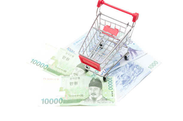 白色背景上的韩国货币和购物车:经济概念图片下载