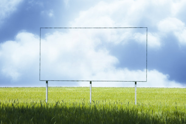 空白的广告广告牌沉浸在一片乡村景象中，映衬着多云的天空——图像与空间的复制图片下载