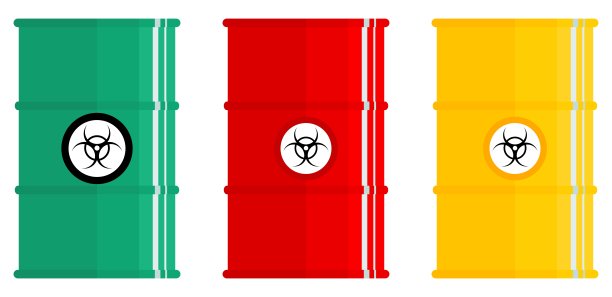 产业的概念。一套不同颜色的金属桶，用于隔离放射性，有毒，危险，危险，易燃和有毒物质。矢量插图。图片下载