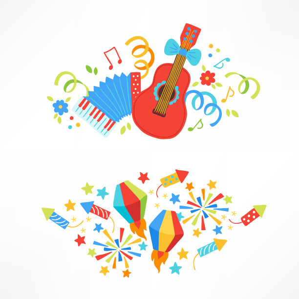 节日朱妮娜作曲与吉他，蛇形，音符，花，花火，灯笼素材图片
